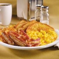 All-American Slam® · Three scrambled eggs with Cheddar cheese, bacon strips, and sausage links, hash browns and b...