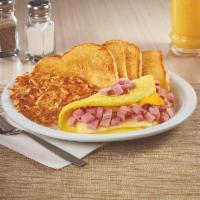 My Hammy & Cheese Omelette · Three-egg omelette with ham and Swiss & American cheeses. Served with hash browns and bread.