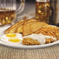 Country-Fried Steak & Eggs · A chopped beef steak smothered in country gravy. Served with two eggs, hash browns and bread.