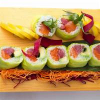 Bellagio Roll · Tuna, salmon, avocado and scallions wrapped with soybean paper topped with honey wasabi sauce.
