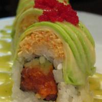 Beluga Roll · Spicy tuna, cucumber topped with real crab delight and sliced avocado, honey wasabi sauce an...