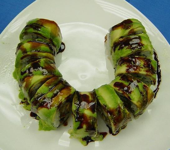 Caterpillar Roll · Eel roll wrapped with avocado in sweet eel sauce.