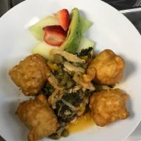 Jamaican Breakfast Brunch · Seasoned codfish, callaloo, peppers, onion, and fried dumpling. Served with choice of drink.