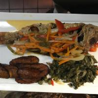 Baked Red Snapper Fillet · Callaloo Rice/Sweet Plantains or Steam Cabbage