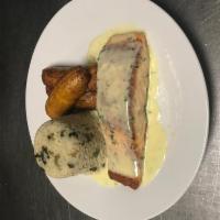 Herb Grilled Salmon · Creamy Mashed Potatoes/Sweet Plantains or Steamed Cabbage