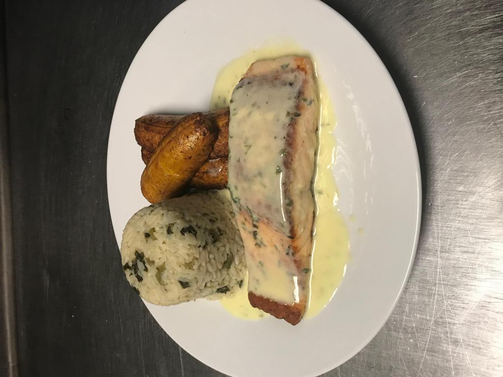 Herb Grilled Salmon · Creamy Mashed Potatoes/Sweet Plantains or Steamed Cabbage