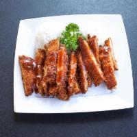 Chicken and Katsu Teriyaki Combo · Served with steamed rice and salad.