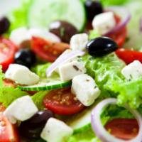 Mediterranean Salad · Romaine lettuce, red onions, pepperoncini, cucumbers, tomatoes, feta cheese, walnuts and Kal...