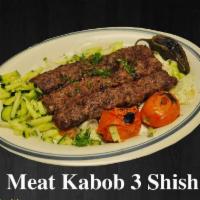 1. Meat Kabobs 3 shees · Skewered seasoned ground beef charbroiled to perfection. Served with soup, bread, and 2 appe...