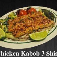 2. 3 Chicken Shish Kabobs · Skewered seasoned ground chicken charbroiled to perfection. Served with bread, soup, and 2 a...