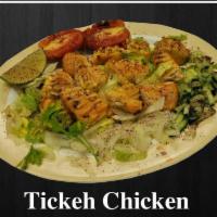 4. Tickeh Chicken · Skewered chicken charbroiled to perfection. Served with bread, soup, and 2 appetizers.