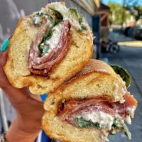 Anthony & Daughter · Prosciutto, Our Homemade Buratta, Arugula, Fig Spread and balsamic glaze on a hero.