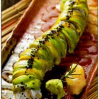 84. Caterpillar Roll · Inside fresh water eel, crab meat, and cucumber. Outside avocado and sweet eel sauce.