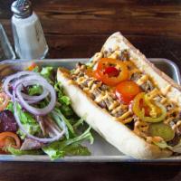 California Cheesesteak · Thinly sliced sirloin steak, caramelized onions, mushrooms, provolone, romaine, cherry peppe...