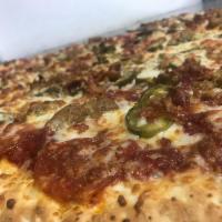 Mexicana Pizza · Tomato sauce, pepperoni, Italian sausage, bacon and jalapenos.