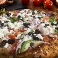 Greek Pizza · Tomato sauce and mozzarella cheese topped with red onion, green pepper, calamata, fresh toma...
