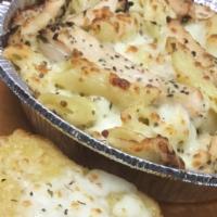 Chicken Alfredo Pasta · Penne pasta with Parmesan Alfredo sauce topped with mozzarella cheese and 4 pcs Garlic Bread
