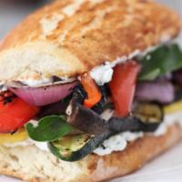 Veggie Sandwich · Mushrooms, green pepper, black olives, onions, tomato, sun-dried tomato, mozzarella, mayo an...
