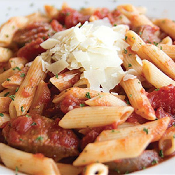 Penne Pomodoro and Gourmet Italian Sausage · Rosati's gourmet Italian sausage, classic penne noodles, extra virgin olive oil and juicy, pomodoro tomatoes, topped with shaved Asiago cheese and fresh parsley.