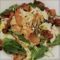 23. Sweet Basil's Green Salad · Chopped spinach, white mushroom, crispy bacon, shredded coconut, hardboiled egg and a touch ...