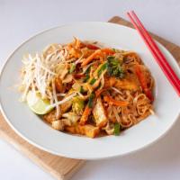 25. Pad Thai · Most famous of Thai noodles stir fried with chicken or veggie tofu, egg, green onions, bean ...