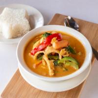30. House Special Curry · With choice of meat, red curry peanut sauce with bell pepper, carrots and broccoli. Served w...
