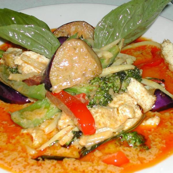 33. Red Curry · Choice of meat, oriental eggplants, bamboo shoots, bell peppers and basil leaves in Thai red curry paste. Served with jasmine rice.