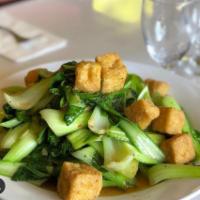 Bok Choy · Stir-Fried Fresh Bok Choy with choice of meat, garlic, black pepper in Vegan sauce serve wit...