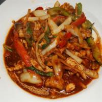 49. Pad Phet Gai · Pan fried chicken with homemade curry paste and fresh Thai chili, onions, bell pepper, mushr...
