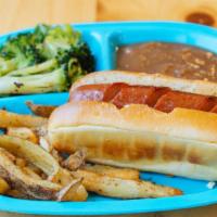 Kids' Hot Dog · All natural-beef. Served with a fountain drink, carrot sticks, applesauce, and choice of reg...