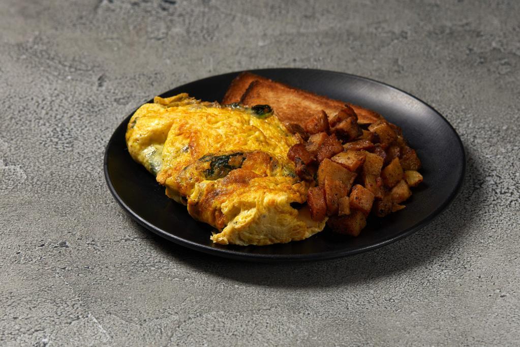 Omelet Creation · Three egg omelet with your choice of three toppings. Served with your choice of side and toast.