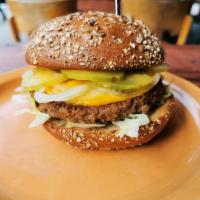 Impossible burger ( vegan ) · Vegan impossible patty served with lettuce, raw onion , pickle chips , vegan cheese and vega...