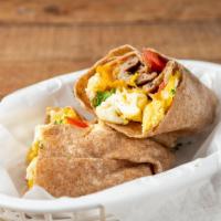 Huevos Rancheros Wrap · Eggs, sausage, and melted cheddar in a wrap topped with market made pico de gallo.