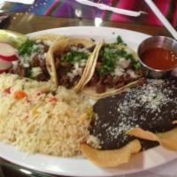 3 Tacos Con Arroz Y Frijoles · Served with rice and beans. 