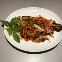 35. Crispy Sweet and Sour Fried Fish · Crispy pan-fried whole boneless rainbow trout sauteed with basil,bell pepper in sweet and so...