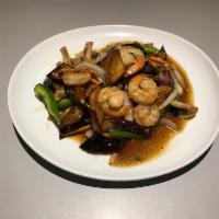 25. Stir-Fried Eggplant · Sauteed pan-fried eggplant, basil, onion with your choice of meat in mild chili garlic sauce.