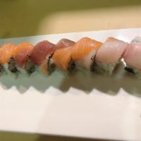 6. Rainbow Specialty Roll · California roll with tuna and salmon white fish.
