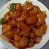 80. Sweet and Sour Prawns · Deep-fried battered prawns tossed with bell peppers, pineapple, onion in sweet and sour sauc...