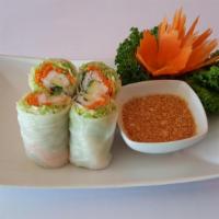 Fresh Spring Rolls Appetizer · Shrimp & veggies Rolled up in soft Spring roll skin Served w/ special peanut sauce