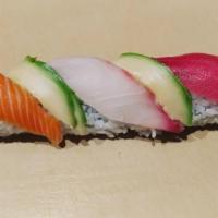 27. Rainbow Roll · California roll topped with avocado, tuna, yellowtail and salmon.