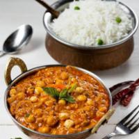 Channa Masala · (GF) (VEGAN) (VEG) Garbanzo beans, tomato & onion stewed in warm spices & aromatics, topped ...