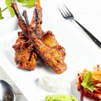 Lamb Chops · (GF) Tender chops of Lamb marinated in chef's select spices and cooked in the clay oven