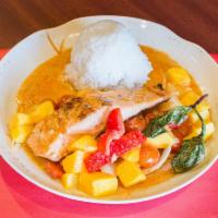 C3. Salmon Mango Curry · Grilled salmon sauteed with coconut milk, red curry, Thai basil, pineapple, mango, cherry to...