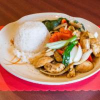 B5. Pad Prik Lunch · Sauteed with mushrooms, garlic, green and red peppers, white onion, green onions, basil and ...