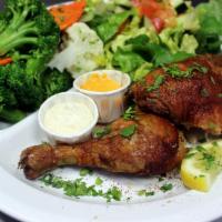 Quarter Dark Chicken w/ 2 Sides · Rotisserie chicken leg and thigh. Served with rice, salad, pita bread and garlic sauce. Subs...
