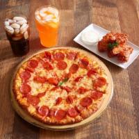 Pinball Lovers Special · 1 medium pizza with 1 topping, 6 jumbo Buffalo wings or 4 pieces of chicken and 2 cans of so...