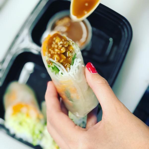 Goi Cuon · Vietnamese fresh roll. Gluten free without peanut sauce. Vermicelli, shredded lettuce, bean sprouts, cilantro, basil; all being wrapped in edible rice paper with your choice of: shrimps or tofu or Vietnamese pickled daikon and carrot. Gluten free.