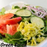Green Salad · Diced tomatoes, diced cucumbers, shredded cheese, croutons, red onion and bacon.