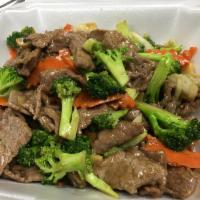 Beef Broccoli · Beef with broccoli, mushrooms, bamboo, cabbage and carrots. Served with side of white rice.
