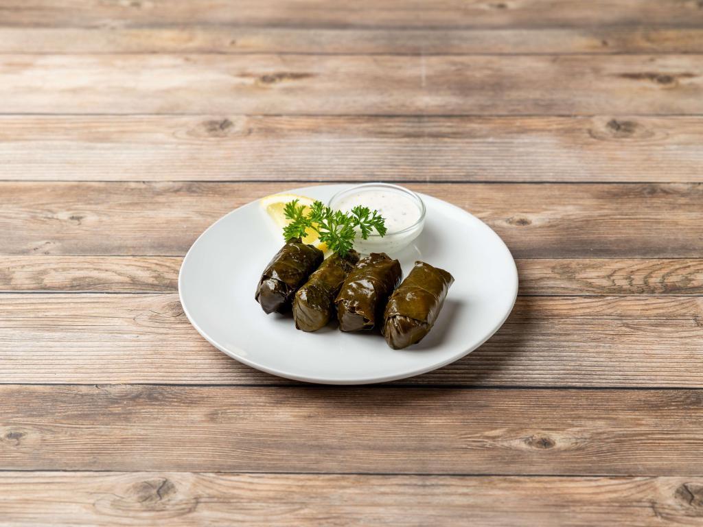 Dolmades · Dolma. Grape leaves stuffed with rice, pine nuts and currants.